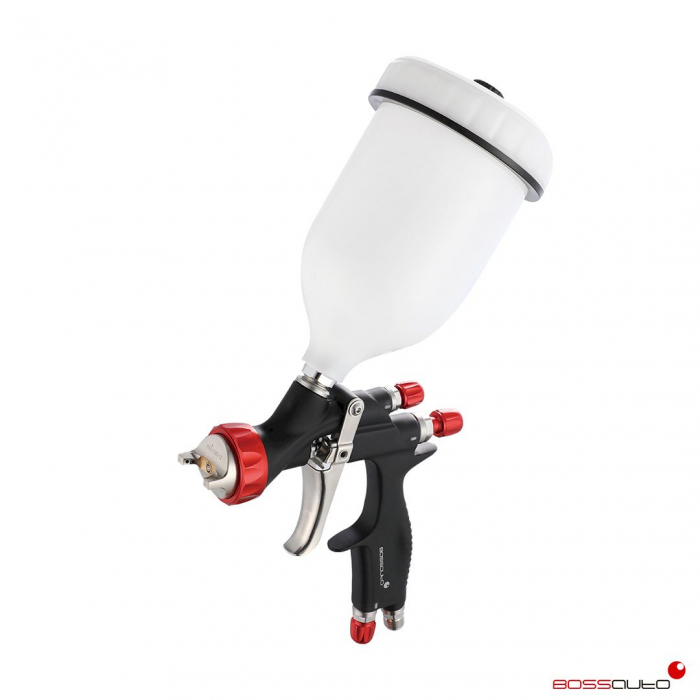 Pistol de vopsit, Bossauto Spray Gun BTG HVLP, cupa plastic 600 ml, duza la alegere, consum aer 300 l/min + Manometru [2]
