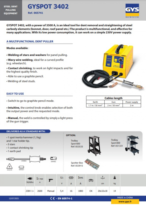 Spotter auto, GYS 065741 model GYSPOT 34.02, aparat de tras tabla pentru tinichigerie auto, alimentare 230V [2]
