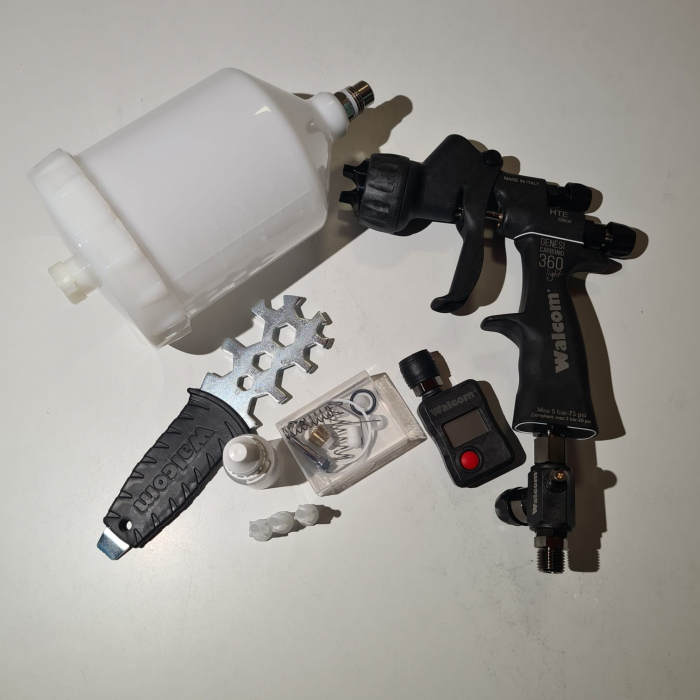 Pistol de vopsit, Walcom Genesi Carbonio 360 Light HTE clear (DIGITAL), cupa plastic 600 ml, duza la alegere, valiza, regulator aer, consum aer 380 l/min [7]