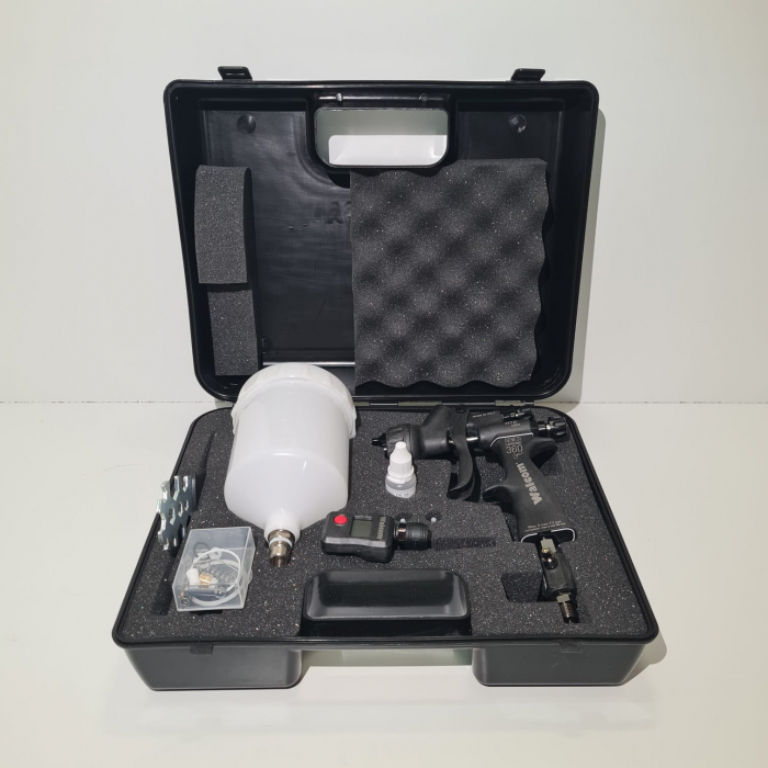 Pistol de vopsit, Walcom Genesi Carbonio 360 Light HTE clear (DIGITAL), cupa plastic 600 ml, duza la alegere, valiza, regulator aer, consum aer 380 l/min [2]
