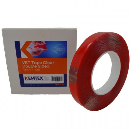 Banda mascare - Banda dublu adeziva acrilica, Kemtex 12.30820, transparent, lipire permanenta, latime la alegere, lungime 10 metri