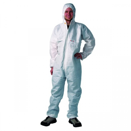 Combinezon protectie - Combinezon protectie alb poliester cu gluga. 4CR 6500, protejaza impotriva substanțelor chimice