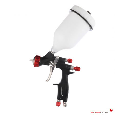 1. PISTOALE VOPSIT - Pistol de vopsit, Bossauto Spray Gun BTG HVLP, cupa plastic 600 ml, duza la alegere, consum aer 300 l/min + Manometru