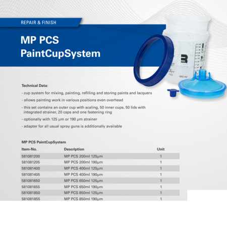 Sistem aplicat vopseaua, Mipa PCS , contine 50 pahare, 50 capace, 1 cana rigida, 0.65 / 0.85 litri [1]