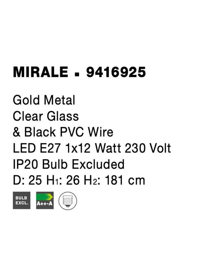 MIRALE suspensie SP1 - 9416925 - Gold Metal Clear Glass & Black PVC Wire [8]