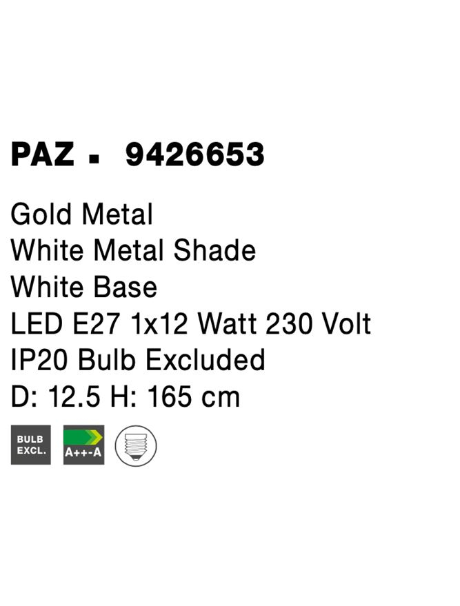 PAZ LAMPADAR - 9426653 - Gold Metal & White Metal Shade, White Base [7]