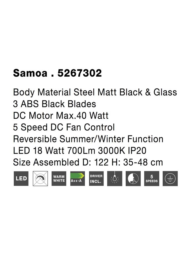 SAMOA plafoniera - 5267302 - Body: Steel Matt Black and Glass, Blades: Black ABS [10]