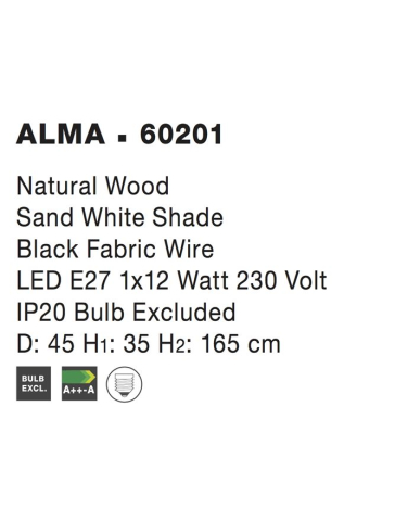 ALMA lampadar - 60201 - Natural Wood Sand White Shade Black Fabric Wire [3]