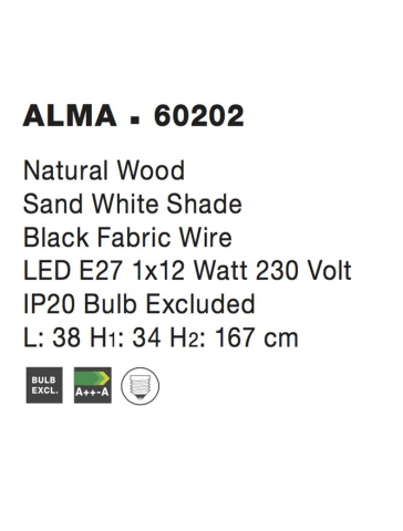 ALMA lampadar - 60202 - Natural Wood Sand White Shade Black Fabric Wire [3]
