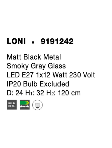 LONI suspensie SP1 - 9191242 - Matt Black Metal Smoky Gray Glass [8]