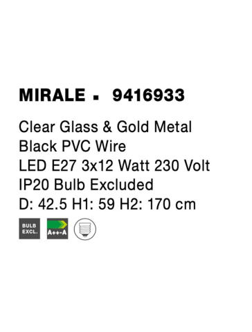 MIRALE suspensie SP3 - 9416933 - Clear Glass & Gold Metal, Black PVC Wire [8]