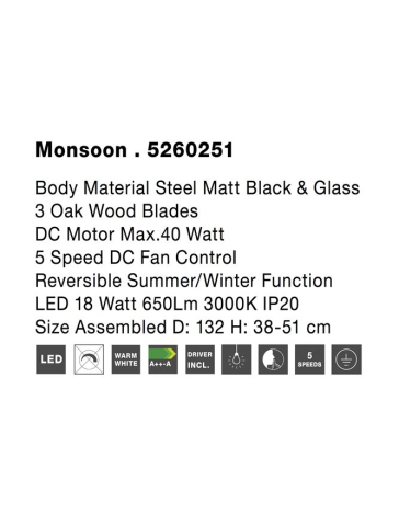 MONSOON plafoniera - 5260251 - Body: Steel Matt Black and Glass, Blades: Oak Wood [6]