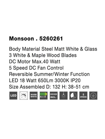MONSOON plafoniera - 5260261 -Body: Steel Matt White and Glass, Blades: Maple Wood [6]