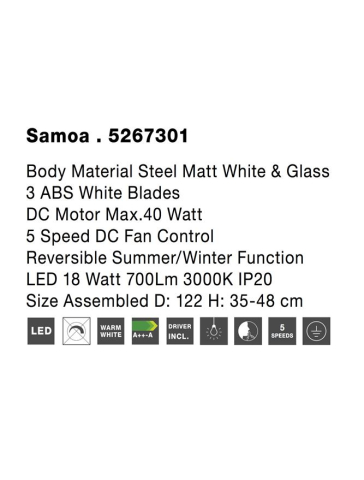 SAMOA plafoniera - 5267301 - Body: Steel Matt White and Glass, Blades: White ABS [7]
