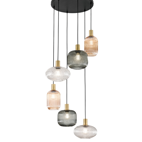 Suspensii - SOSPENSIONE EGADI NERO E SMOKE/AMBRA/TRASPARENTE IN METALLO E VETRO SEI PENDENTI E27 6X40W, MISURE LAMP. 2 PZ. Dia14XH20CM, 2 PZ. Dia20XH18CM, 2 PZ. Dia25XH15CM, MISURE STRUTT. 45X45X320CM