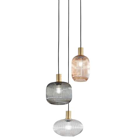 Suspensii - SOSPENSIONE EGADI NERO+SMOKE/AMBRA/TRASPARENTE IN METALLO E VETRO TRE PENDENTI E27 3X40W, MISURE LAMP. Dia14XH20CM, Dia20XH18CM, Dia25XH15CM MISURE STRUTT. 35x35x320CM