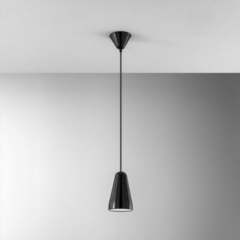 Suspensii - SOSPENSIONE NAMEKO 1XE27 COLORE NERO LUCIDO INTERNO BIANCO D.12CM