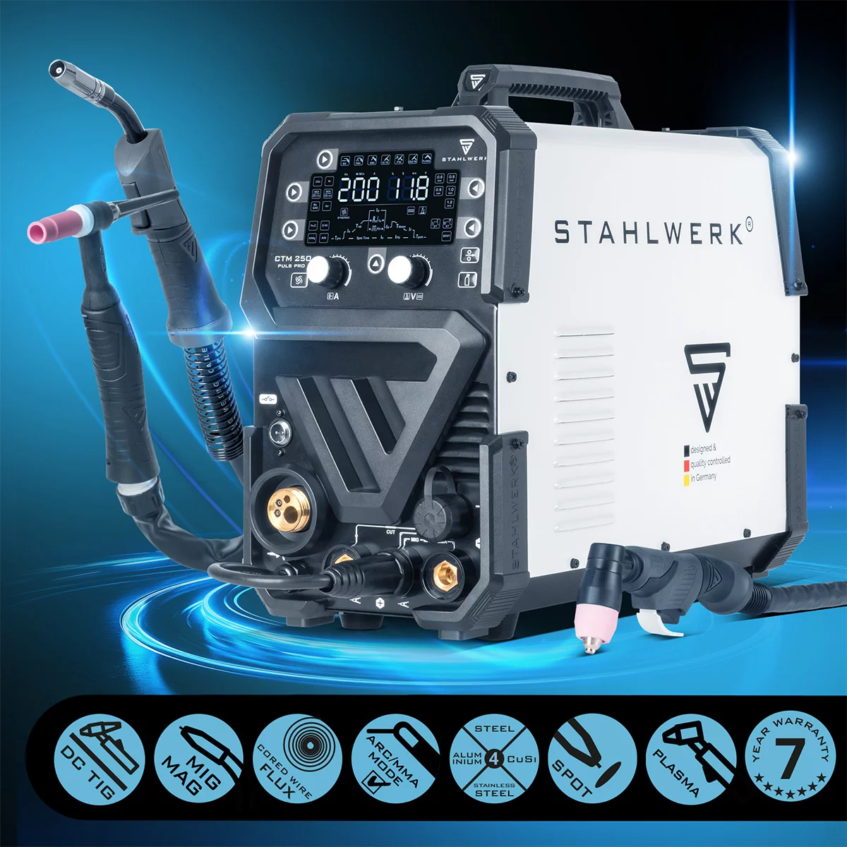 Aparat de sudură combinat 6 în 1 STAHLWERK CTM-250 Puls Pro, 200 A | Funcție puls | Alimentare sinergică a sârmei | Plasma 45 A CUT | TIG | MIG MAG | PULS | MMA | FLUX [2]