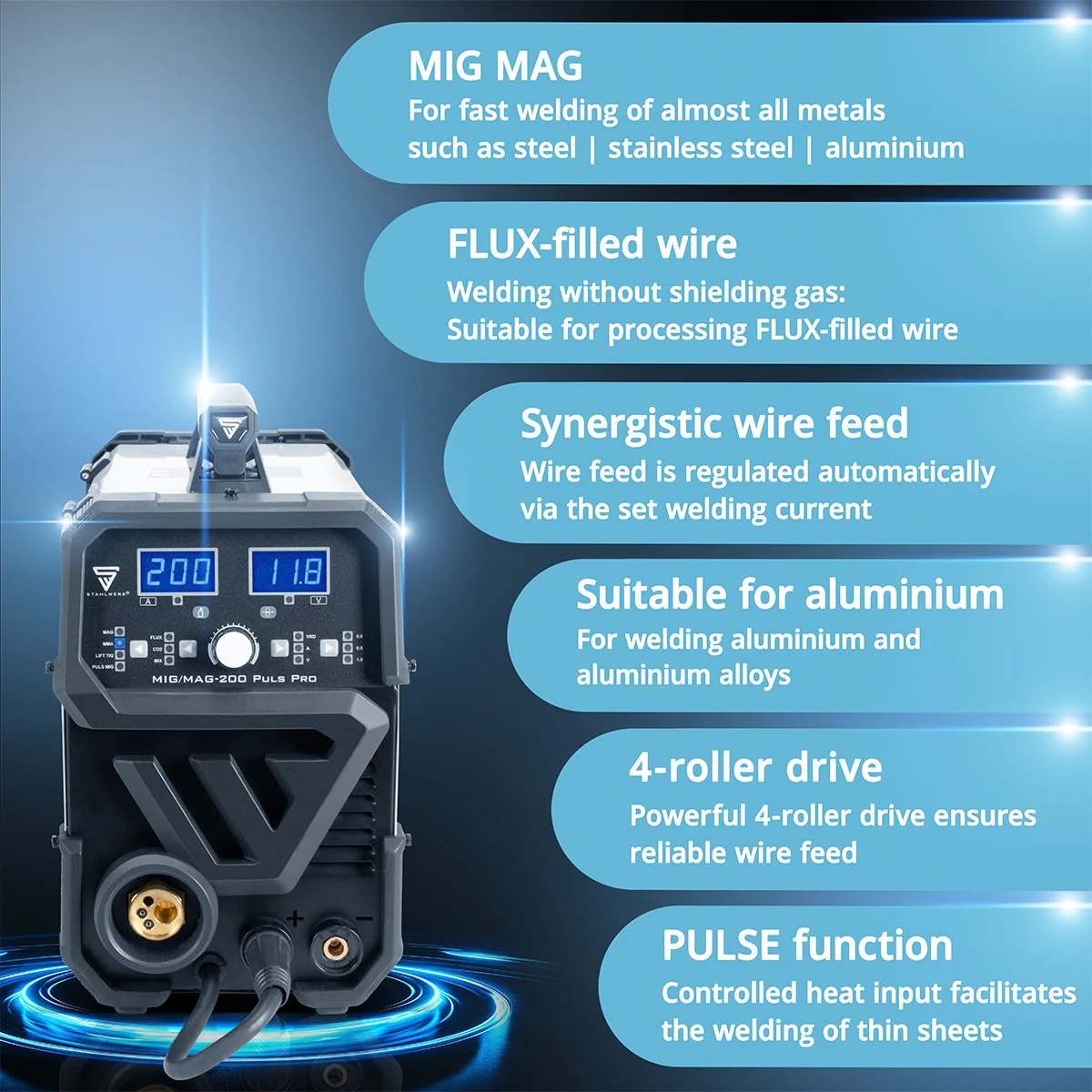 Aparat sudura profesional cu 4 role av. STAHLWERK MIG/MAG 200 Puls Pro Full Syergic multifunctional 5 in 1, cu pistolet pentru aluminiu si consumabile [15]