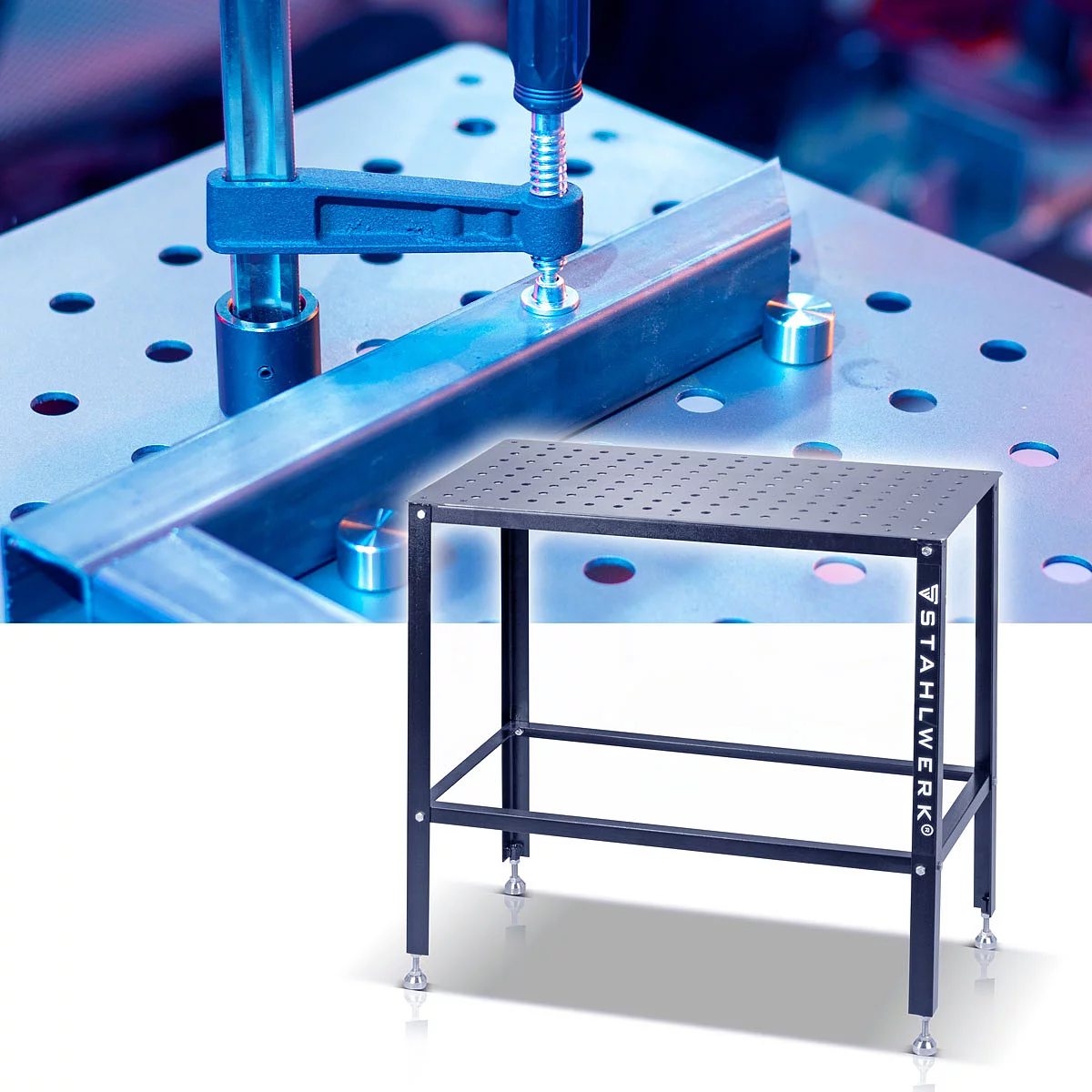 Masa de sudura cu capacitate de incarcare de 500 kg și blat de lucru de 3 mm 91,5 x 46 x 90 cm în sistem de găuri D16, kit de bricolaj din oțel carbon rezistent cu picioare nivelabile din oțel inoxida [3]
