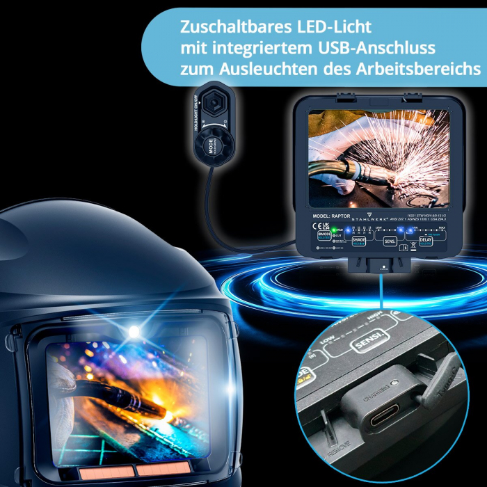 Masca de sudura automata RAPTOR Mască de sudură 3 în 1 cu lumină LED, redare culori adevărate, memorie de lucru, întunecare automată DIN 4 la DIN 13 și clasa optică 1/1/1/2 [5]