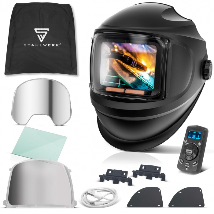 Masca de sudura automata STAHLWERK MASTER 3-în-1 cu telecomanda, vizor pliabil, reproducere a culorilor adevărate, memorie de lucru, întunecare automată DIN 4 la DIN 14 și clasa optică 1/1/1/1 [5]