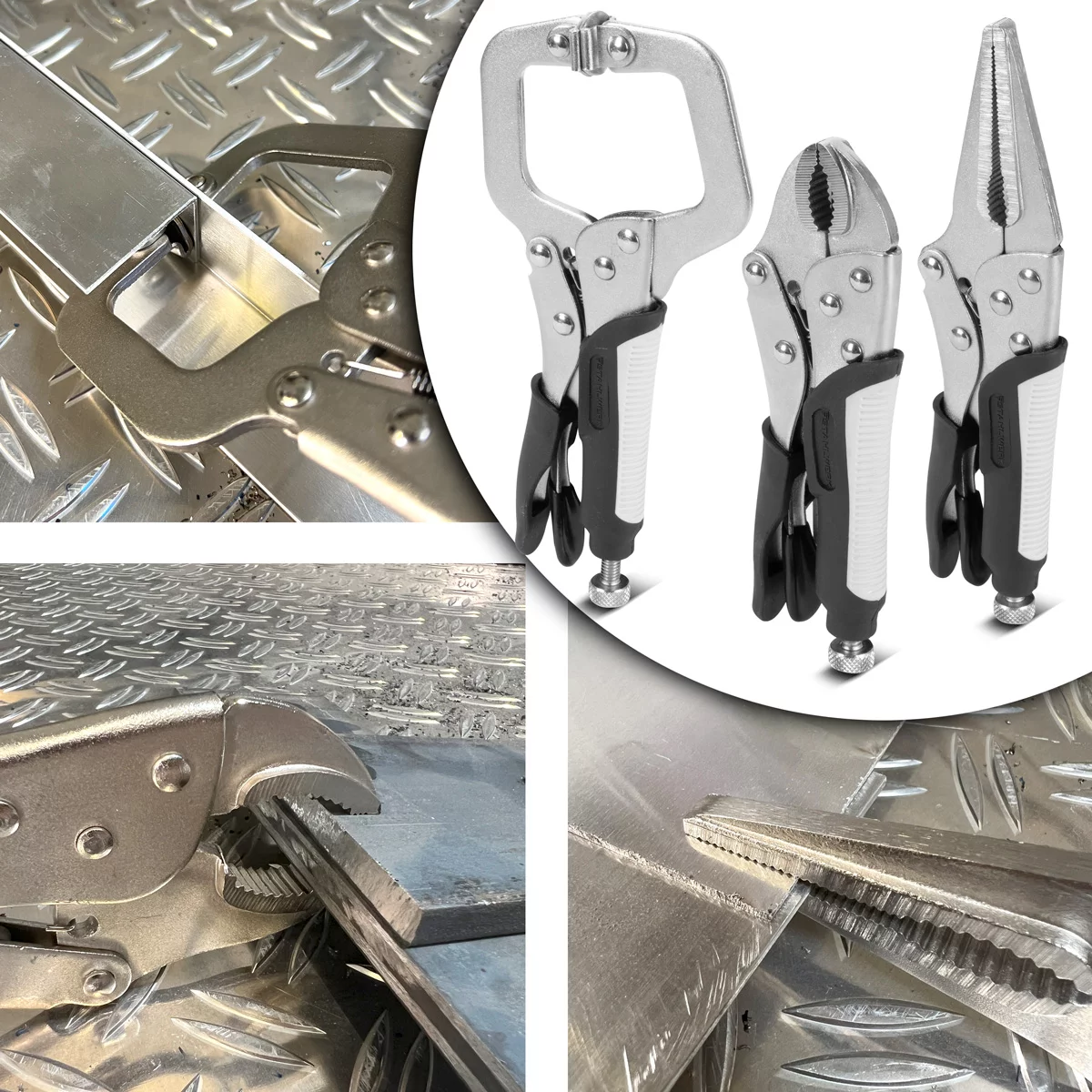 Set clești STAHLWERK cu prindere reglabilă, 6 piese | clește cu fălci lungi 165/241 mm | clește cu fălci curbate 127/178/254 mm | clemă tip C 152 mm | mânere ergonomice din TPR | geantă tip roll-up [5]