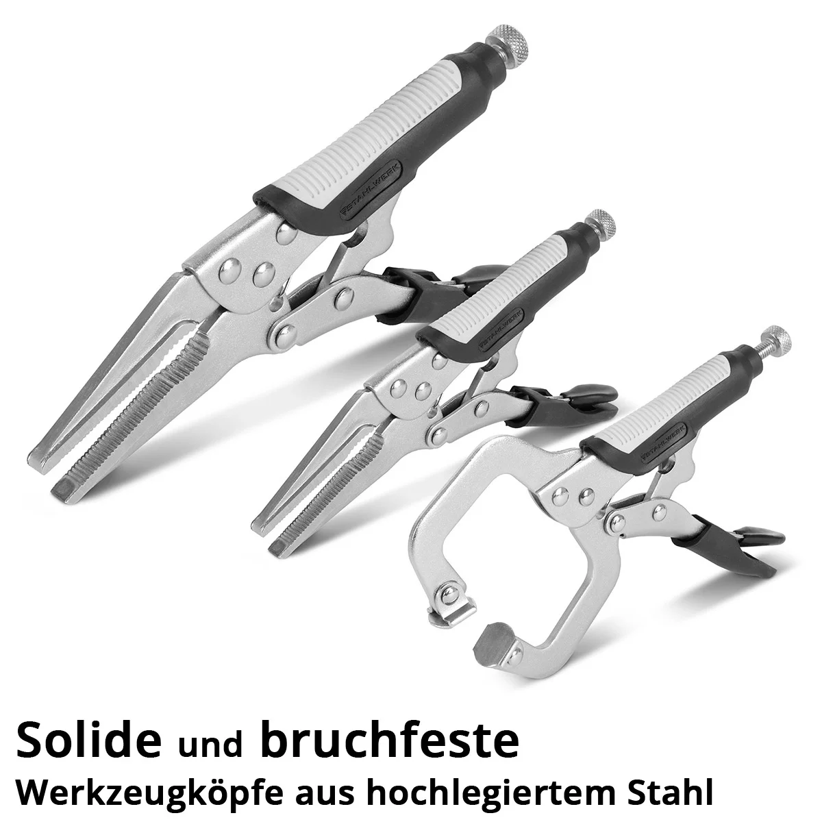 Set clești STAHLWERK cu prindere reglabilă, 6 piese | clește cu fălci lungi 165/241 mm | clește cu fălci curbate 127/178/254 mm | clemă tip C 152 mm | mânere ergonomice din TPR | geantă tip roll-up [4]