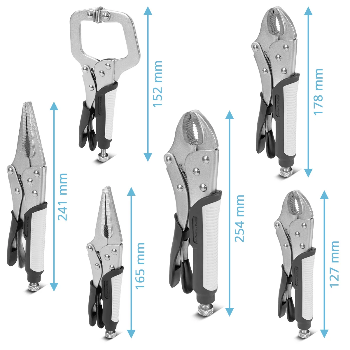 Set clești STAHLWERK cu prindere reglabilă, 6 piese | clește cu fălci lungi 165/241 mm | clește cu fălci curbate 127/178/254 mm | clemă tip C 152 mm | mânere ergonomice din TPR | geantă tip roll-up [7]
