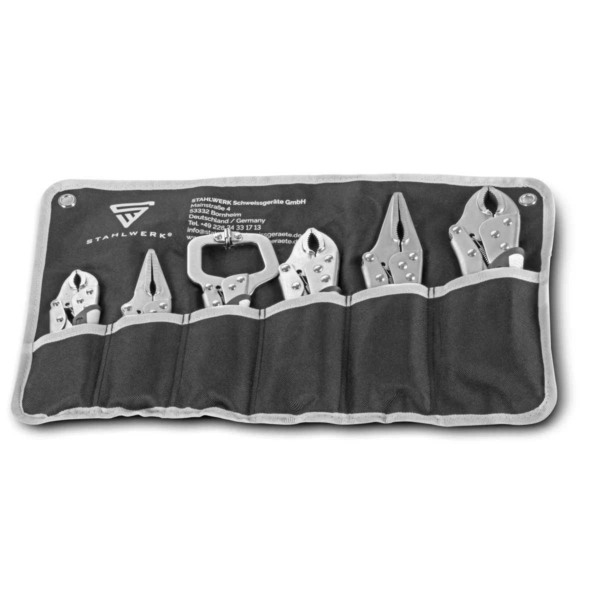 Set clești STAHLWERK cu prindere reglabilă, 6 piese | clește cu fălci lungi 165/241 mm | clește cu fălci curbate 127/178/254 mm | clemă tip C 152 mm | mânere ergonomice din TPR | geantă tip roll-up [6]