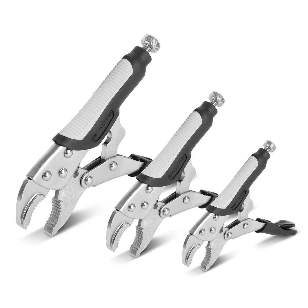Set clești STAHLWERK cu prindere reglabilă, 6 piese | clește cu fălci lungi 165/241 mm | clește cu fălci curbate 127/178/254 mm | clemă tip C 152 mm | mânere ergonomice din TPR | geantă tip roll-up [3]