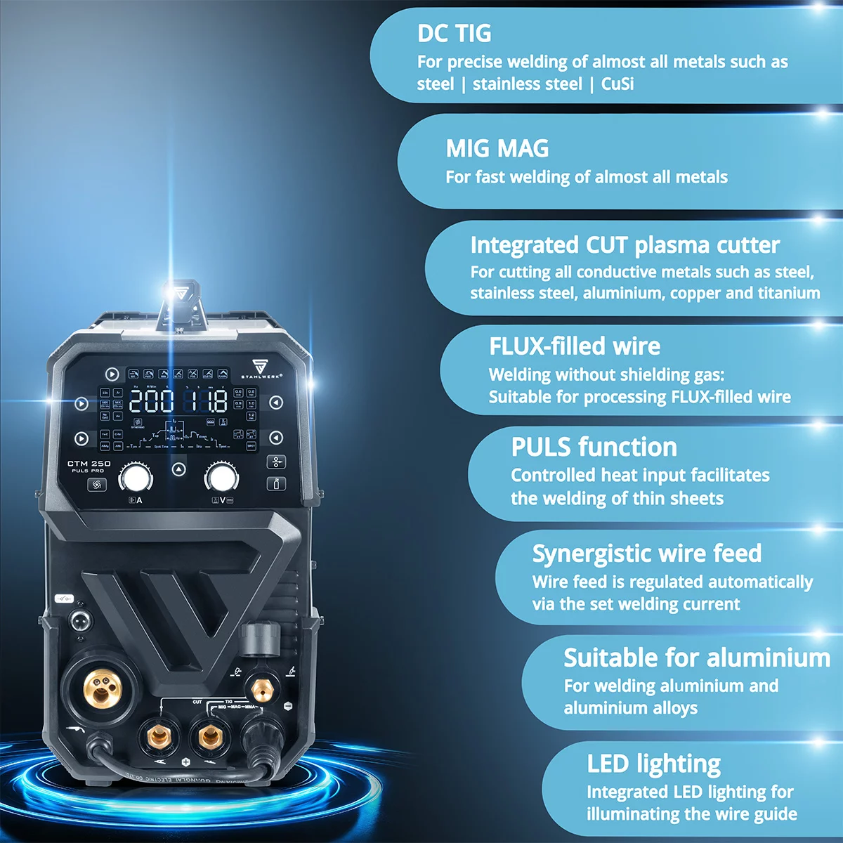 Aparat de sudură combinat 6 în 1 STAHLWERK CTM-250 Puls Pro, 200 A | Funcție puls | Alimentare sinergică a sârmei | Plasma 45 A CUT | TIG | MIG MAG | PULS | MMA | FLUX [8]