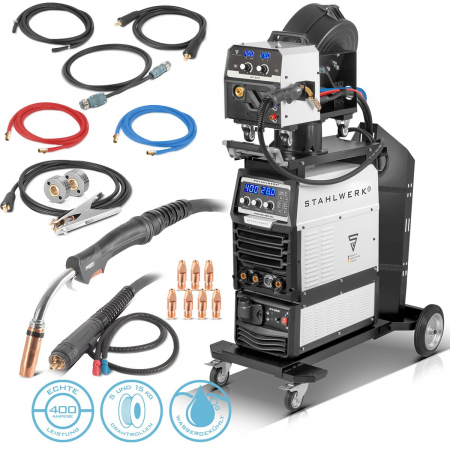 Aparate de sudura industriale - Aparat de sudura MIG MAG 400 Pro Invertor IGBT complet sinergic, racit cu apa, cu 400 A si functie de impuls Sistem de sudura combinat 3-in-1 MIG MAG | MMA | Lift-TIG