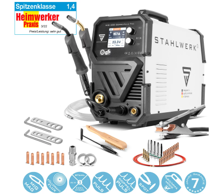 Aparate de sudura MIG-MAG - Aparat de sudura STAHLWERK MIG MAG 200 Pro complet sinergic cu functie de impuls si dublu impuls, cu pistolet pentru aluminiu