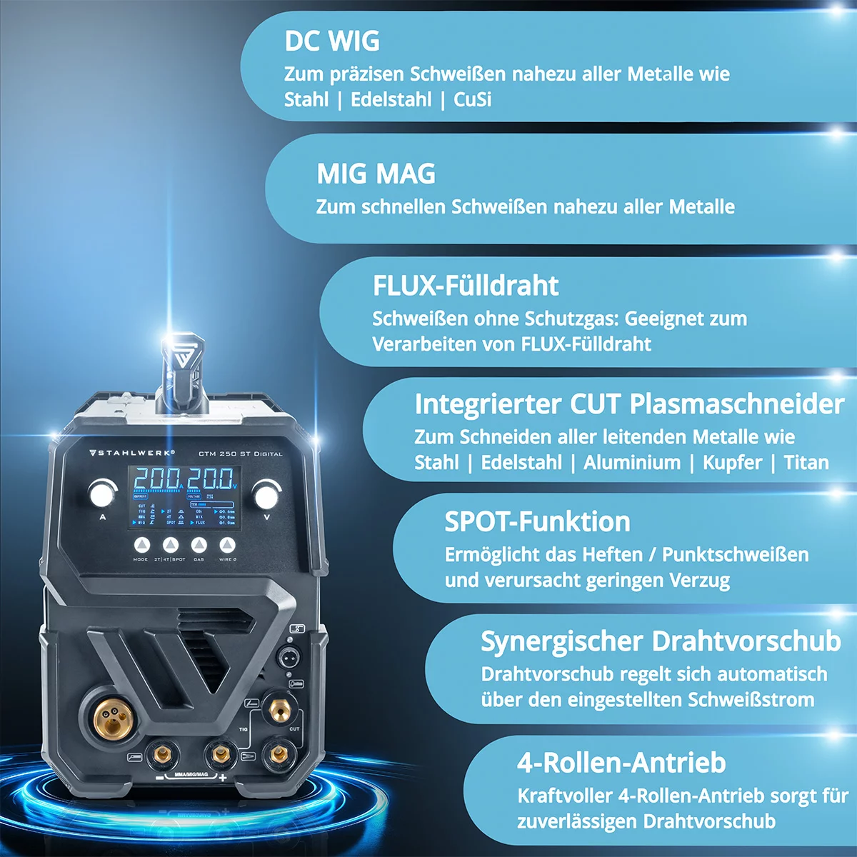 Aparat sudura multiproces Stahlwerk CTM 250 ST 200A TIG + MIG / MAG + MMA+PLASMA  Digital [9]