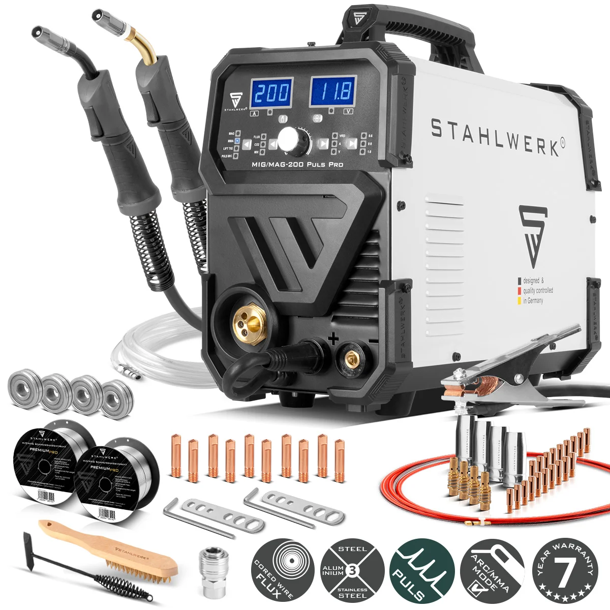 Aparate de sudura MIG-MAG - Aparat sudura profesional cu 4 role av. STAHLWERK MIG/MAG 200 Puls Pro Full Syergic multifunctional 5 in 1, cu pistolet pentru aluminiu si consumabile