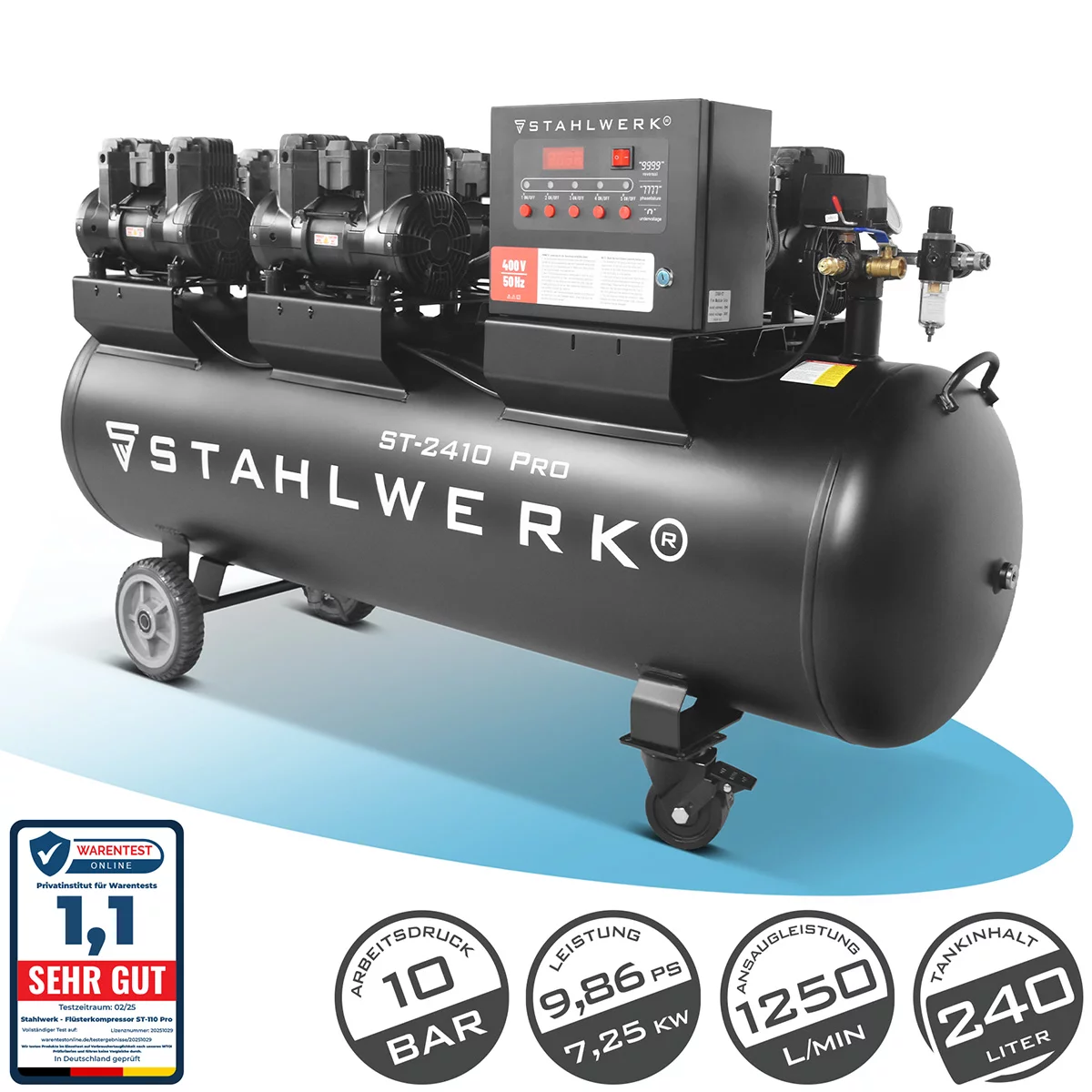 Compresoare - Compresor STAHLWERK ST-2410 Pro cu 10 bar | 9,86 CP | 7,25 kW | 1250 l/min | compresor de aer fără ulei cu rezervor de 240 L | compresor cu piston | compresor silențios | compresor silențios cu motoar