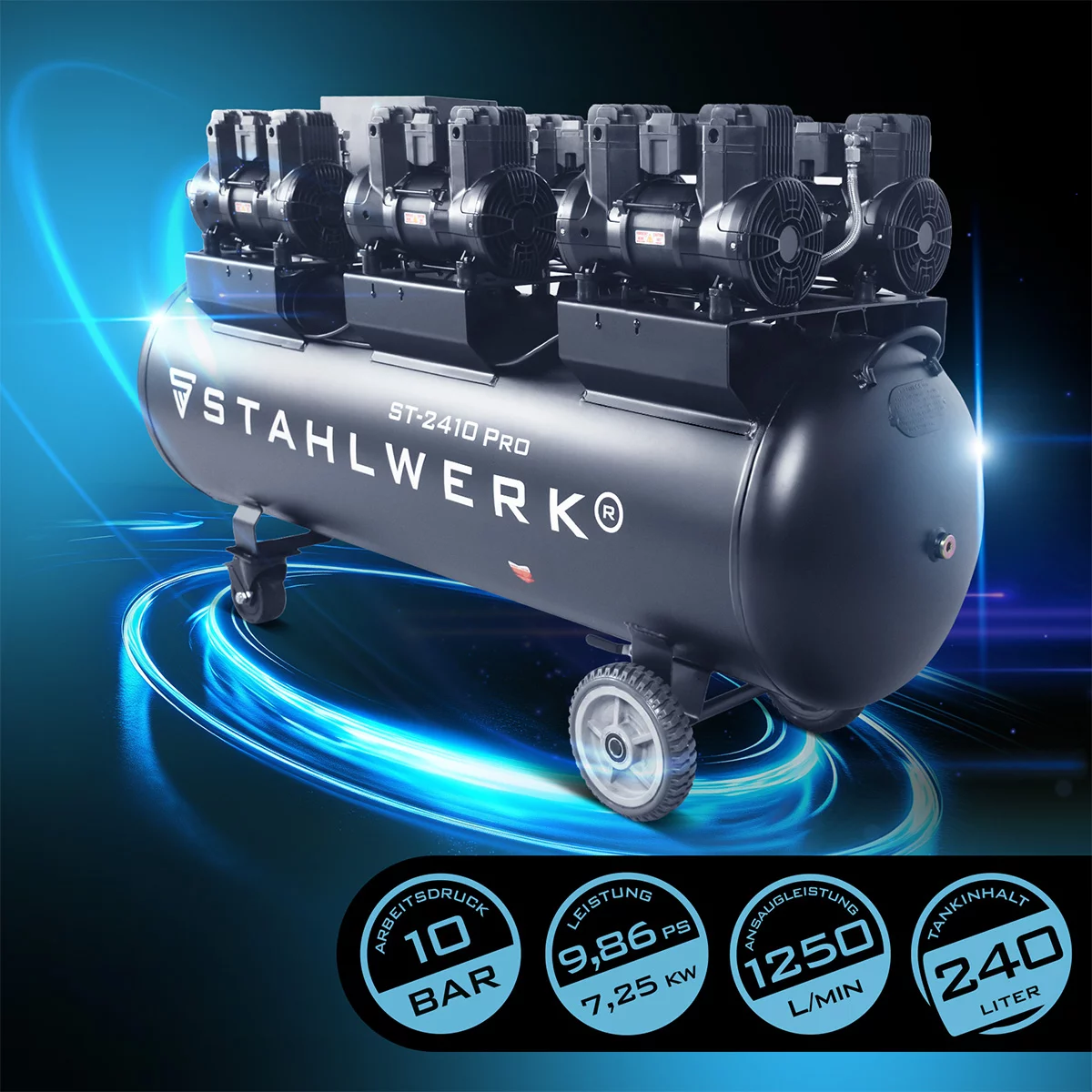 Compresor STAHLWERK ST-2410 Pro cu 10 bar | 9,86 CP | 7,25 kW | 1250 l/min | compresor de aer fără ulei cu rezervor de 240 L | compresor cu piston | compresor silențios | compresor silențios cu motoar [1]