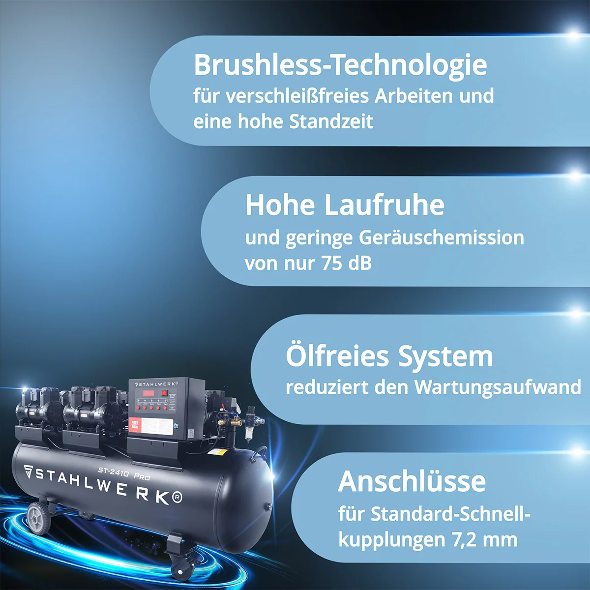 Compresor STAHLWERK ST-2410 Pro cu 10 bar | 9,86 CP | 7,25 kW | 1250 l/min | compresor de aer fără ulei cu rezervor de 240 L | compresor cu piston | compresor silențios | compresor silențios cu motoar [6]