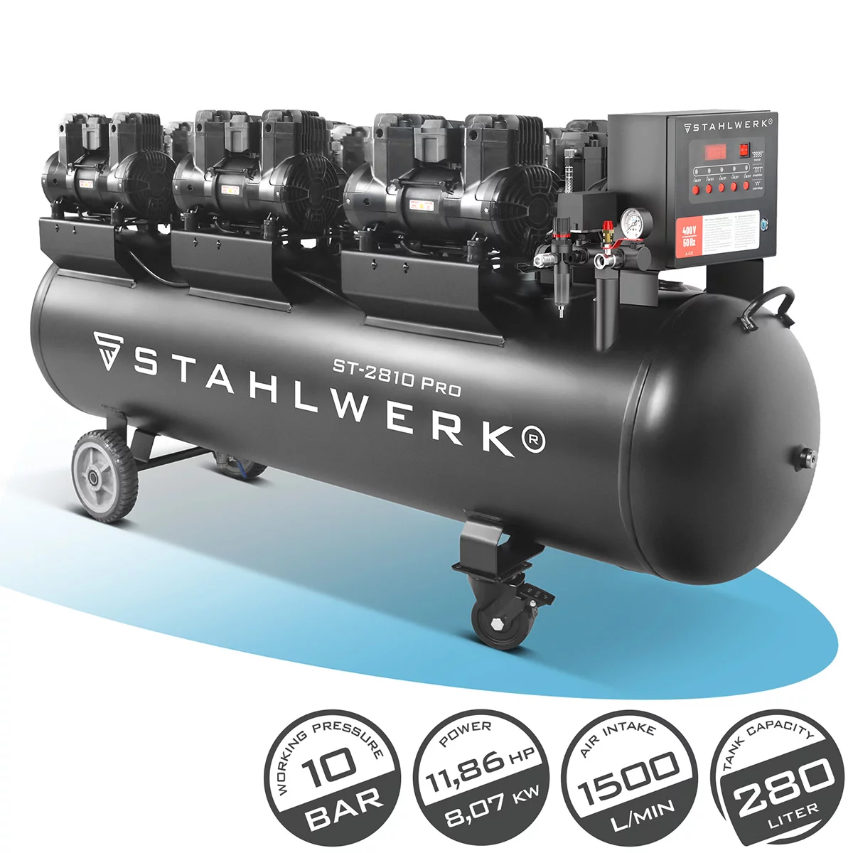 Compresor STAHLWERK ST-2810 Pro cu 10 bar | 11,83 CP | 8,70 kW | 1500 l/min | compresor de aer fără ulei cu rezervor de 280 L | compresor cu piston | compresor silențios | compresor silențios cu motoa [0]