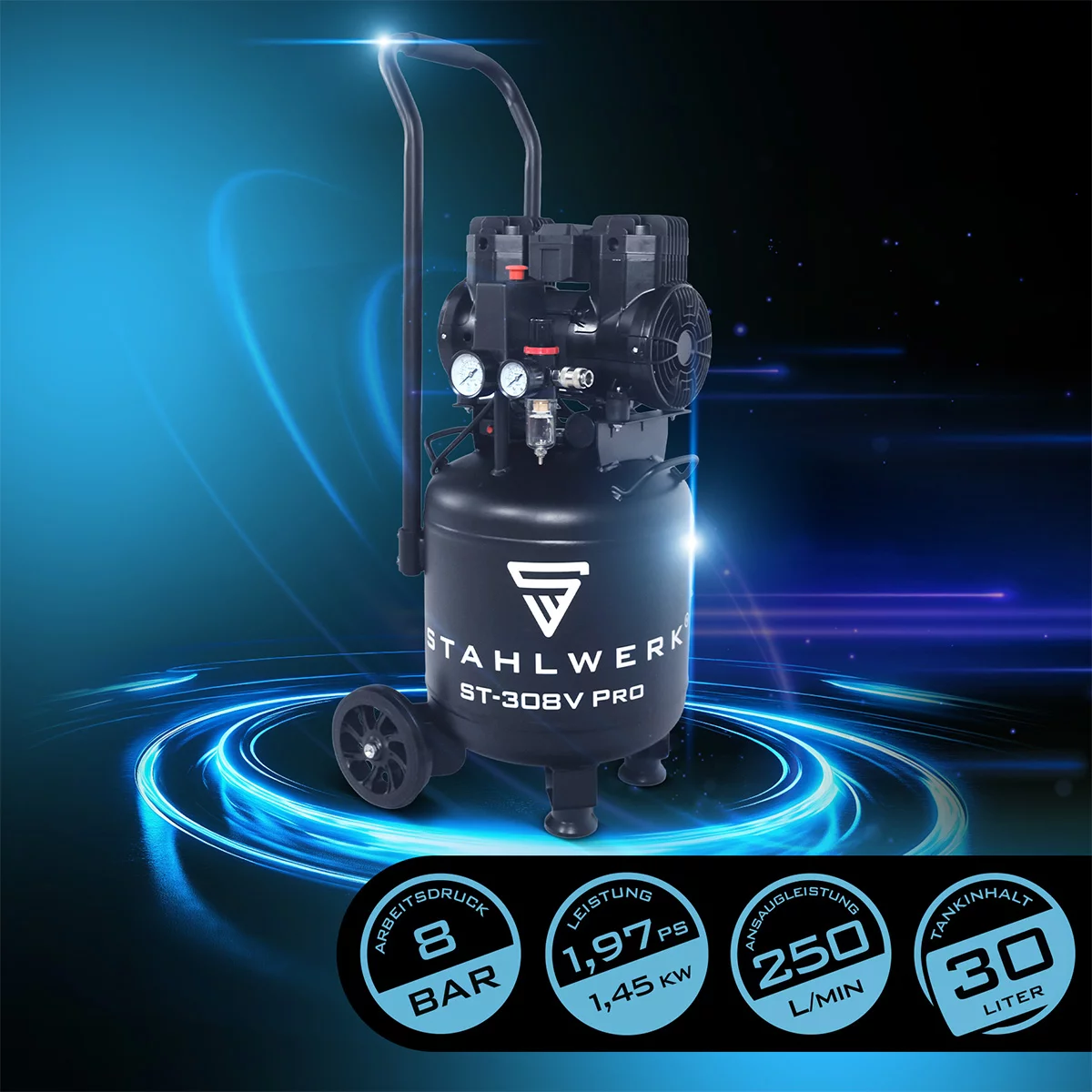 Compresor STAHLWERK ST-308V Pro cu 8 bar | 1,97 CP | 1,45 kW | 250 l/min | Rezervor de 30 L | Compresor de aer compact | Compresor cu piston | Compresor silențios | Compresor Whisper cu motor fără per [1]