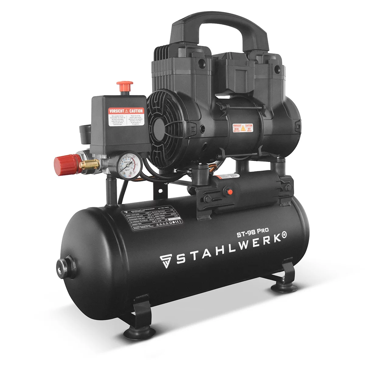 Compresor STAHLWERK ST-98 Pro cu 8 bar | 1,22 CP | 0,90 kW | 170 l/min | compresor de aer fără ulei cu rezervor de 9 L | compresor cu piston | compresor silențios | compresor silențios cu motoare fără [3]