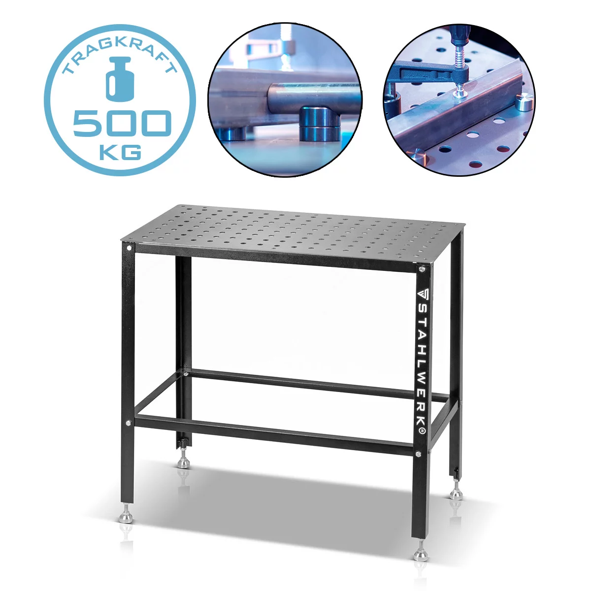 Mese de sudura - Masa de sudura cu capacitate de incarcare de 500 kg și blat de lucru de 3 mm 91,5 x 46 x 90 cm în sistem de găuri D16, kit de bricolaj din oțel carbon rezistent cu picioare nivelabile din oțel inoxida