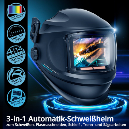 Masti de sudura cu cristale lichide - Masca de sudura automata STAHLWERK MASTER 3-în-1 cu telecomanda, vizor pliabil, reproducere a culorilor adevărate, memorie de lucru, întunecare automată DIN 4 la DIN 14 și clasa optică 1/1/1/1