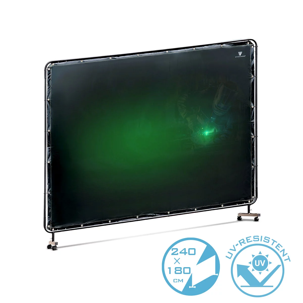 Echipamente de protectie - Perdea de protectie sudura STAHLWERK 2,4m x 1,8m, perete despărțitor rezistent la UV din plastic vinil de înaltă calitate, cadru mobil din oțel cu role