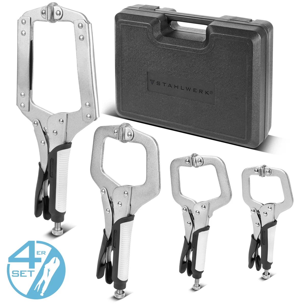 Accesorii sudura - Set clești STAHLWERK Grip, 4 piese | formă C, 6 până la 14 inch | cleme cu prindere rapidă | clește de sudură din oțel înalt aliat, inclusiv geantă de transport