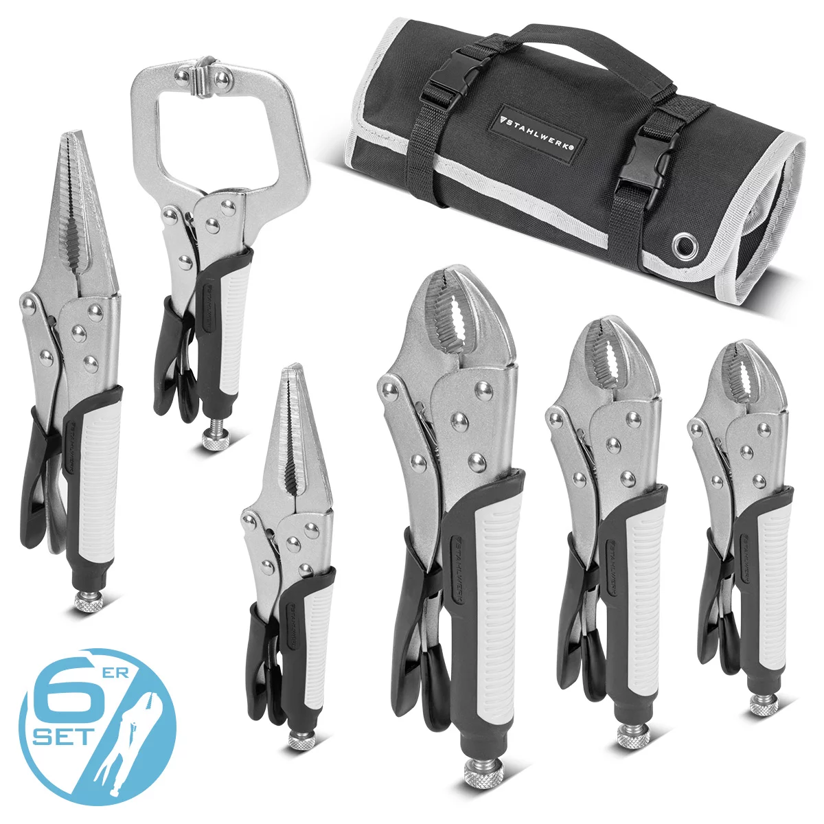 Aparate de sudura TIG-WIG - Set clesti sudura cu prindere reglabilă, 6 piese | clește cu fălci lungi 165/241 mm | clește cu fălci curbate 127/178/254 mm | clemă tip C 152 mm | mânere ergonomice din TPR | geantă tip roll-up