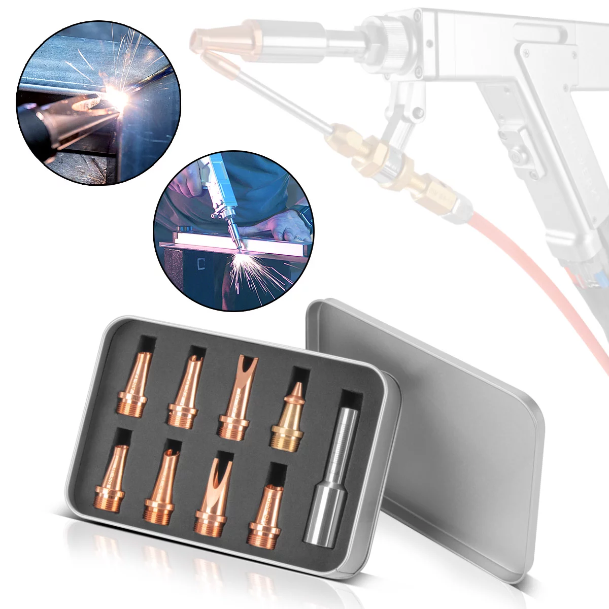 Consumabile, accesorii laser - Set de 9 duze laser STAHLWERK, accesorii profesionale pentru torțe de sudură cu laser | Unități de sudură cu laser cu 7 duze de sudură, 1 duză de tăiere și 1 suport pentru duze, inclusiv cutie de prot