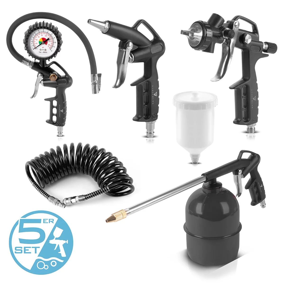 Compresoare - Set de aer comprimat STAHLWERK cu 5 piese | unealtă cu aer comprimat, inclusiv pistol de vopsit, pistol de suflat, pistol de curățare cu recipient, umflator de anvelope cu manometru și furtun spiralat
