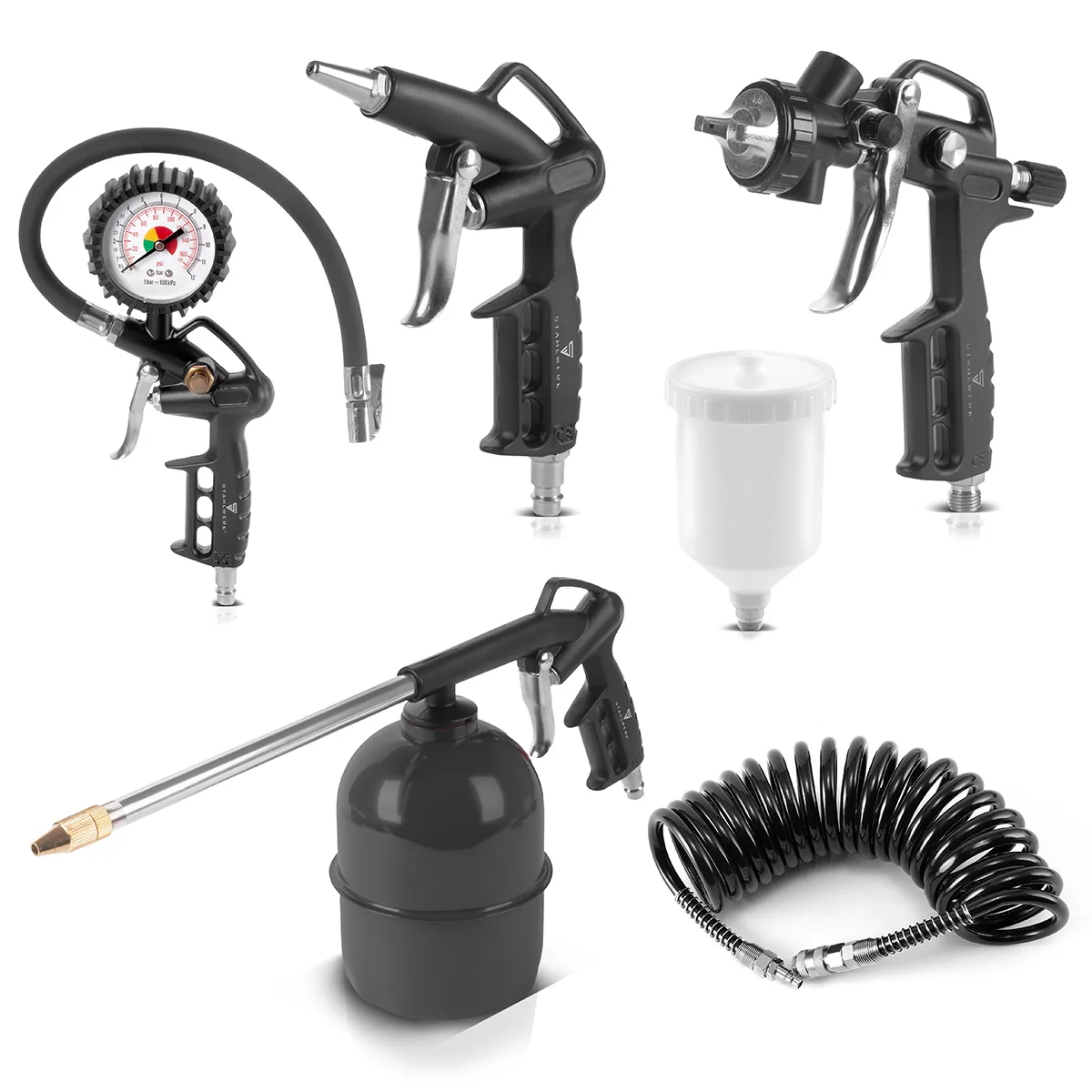 Set de aer comprimat STAHLWERK cu 5 piese | unealtă cu aer comprimat, inclusiv pistol de vopsit, pistol de suflat, pistol de curățare cu recipient, umflator de anvelope cu manometru și furtun spiralat [1]